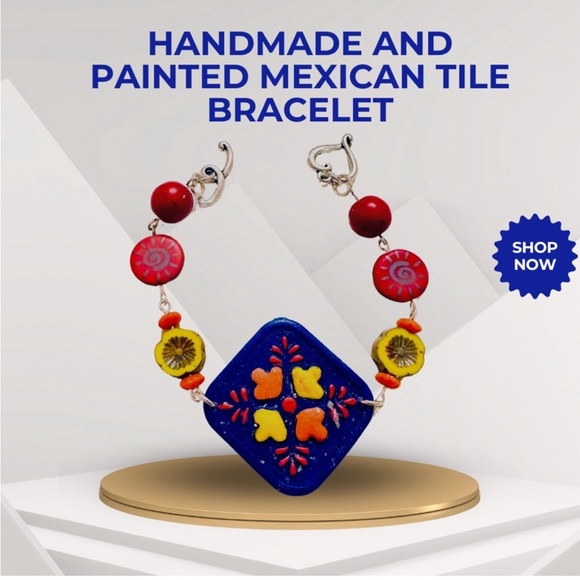 Hand crafted Blue Polymer Clay Bracelet Mexican Tile Design with Czech Glass - Picture 5 of 5